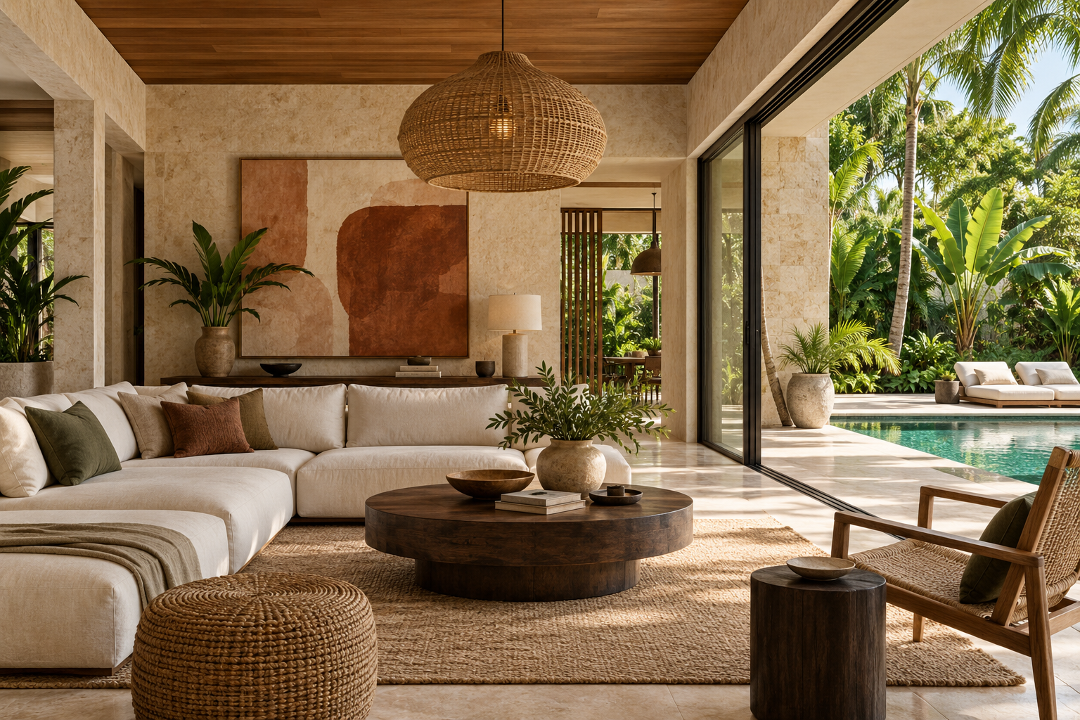 AI concept of a contemporary living room opening onto a tropical pool